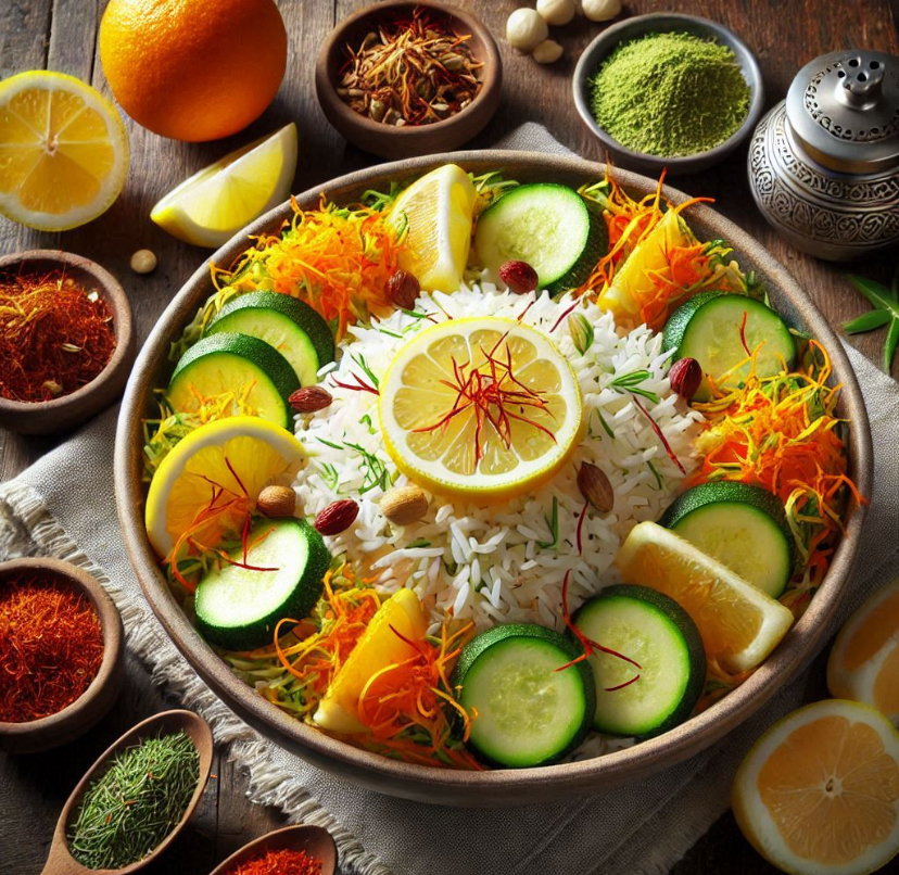 Saffron rice with zucchini and orange lemon zest